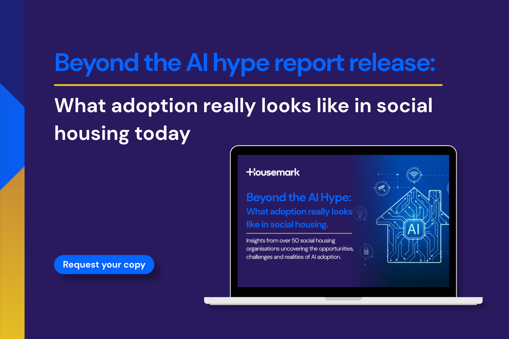 Housemark report on AI adoption in social housing, highlighting artificial intelligence strategy, digital transformation, governance and technology challenges across housing organisations.